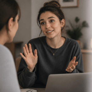 A woman saying no, sh's too busy to help