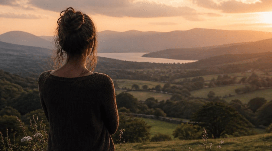 A women gazing across the countryside looking sad