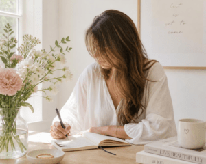 A pretty woman writing in a journal at her desk