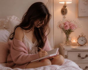 A young woman writing in her journal at bedtime